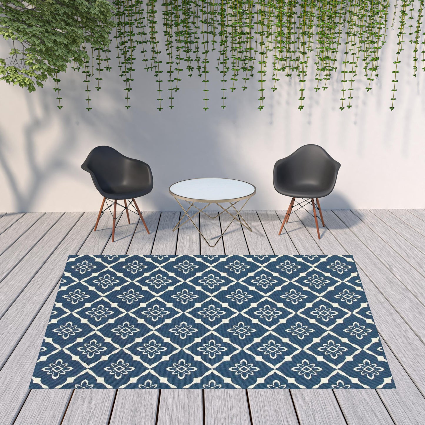 8' x 11' Blue and Ivory Floral Stain Resistant Indoor Outdoor Area Rug