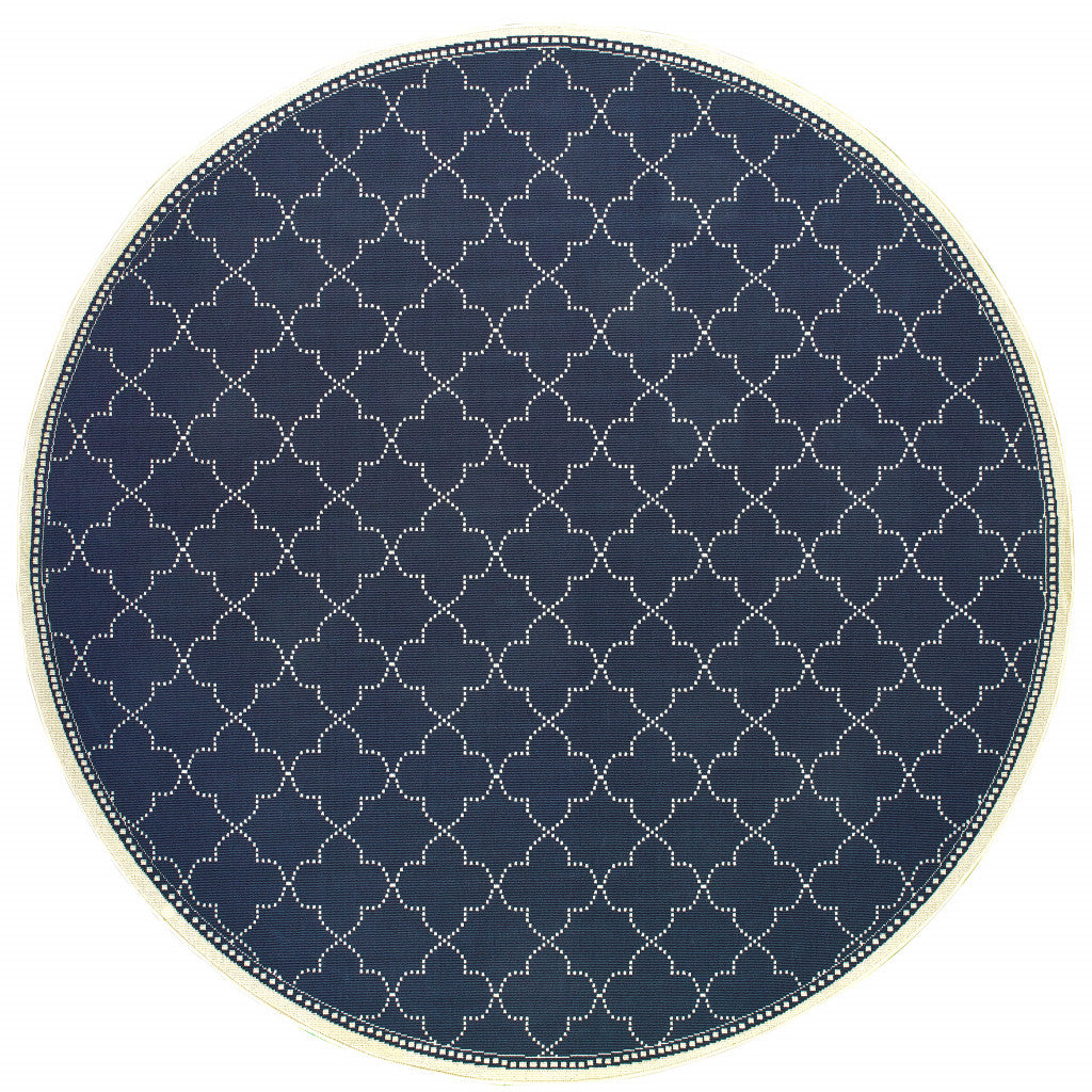 8' x 8' Blue and Ivory Round Geometric Stain Resistant Indoor Outdoor Area Rug