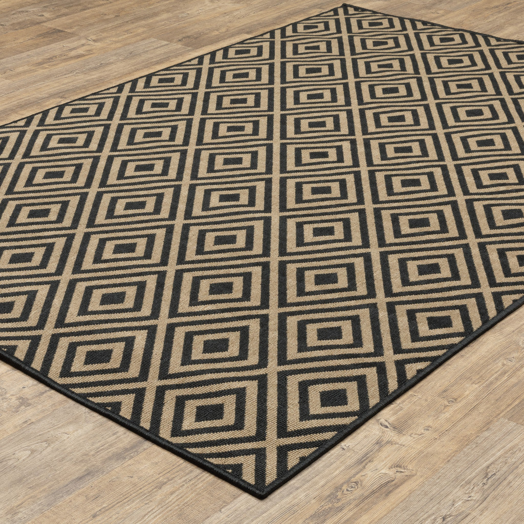 8' x 11' Black and Tan Geometric Stain Resistant Indoor Outdoor Area Rug