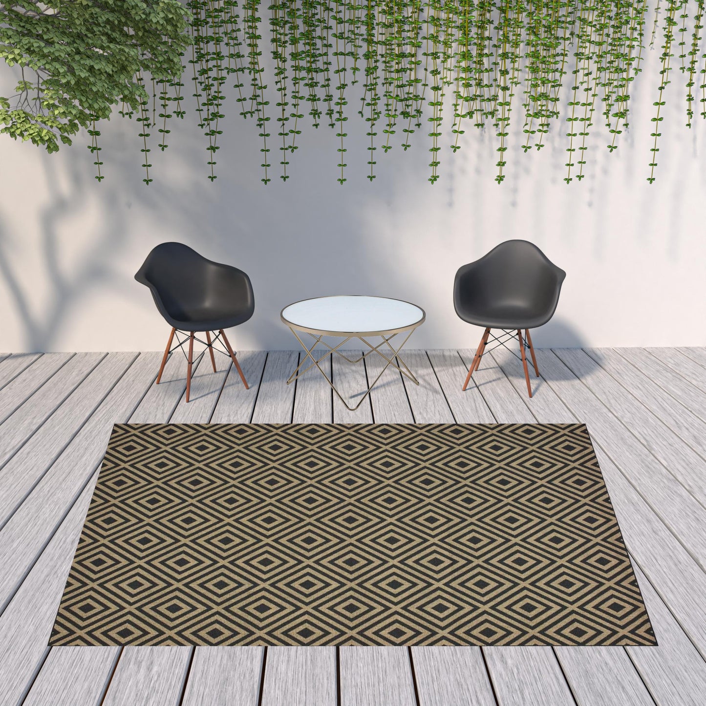 8' x 11' Black and Tan Geometric Stain Resistant Indoor Outdoor Area Rug