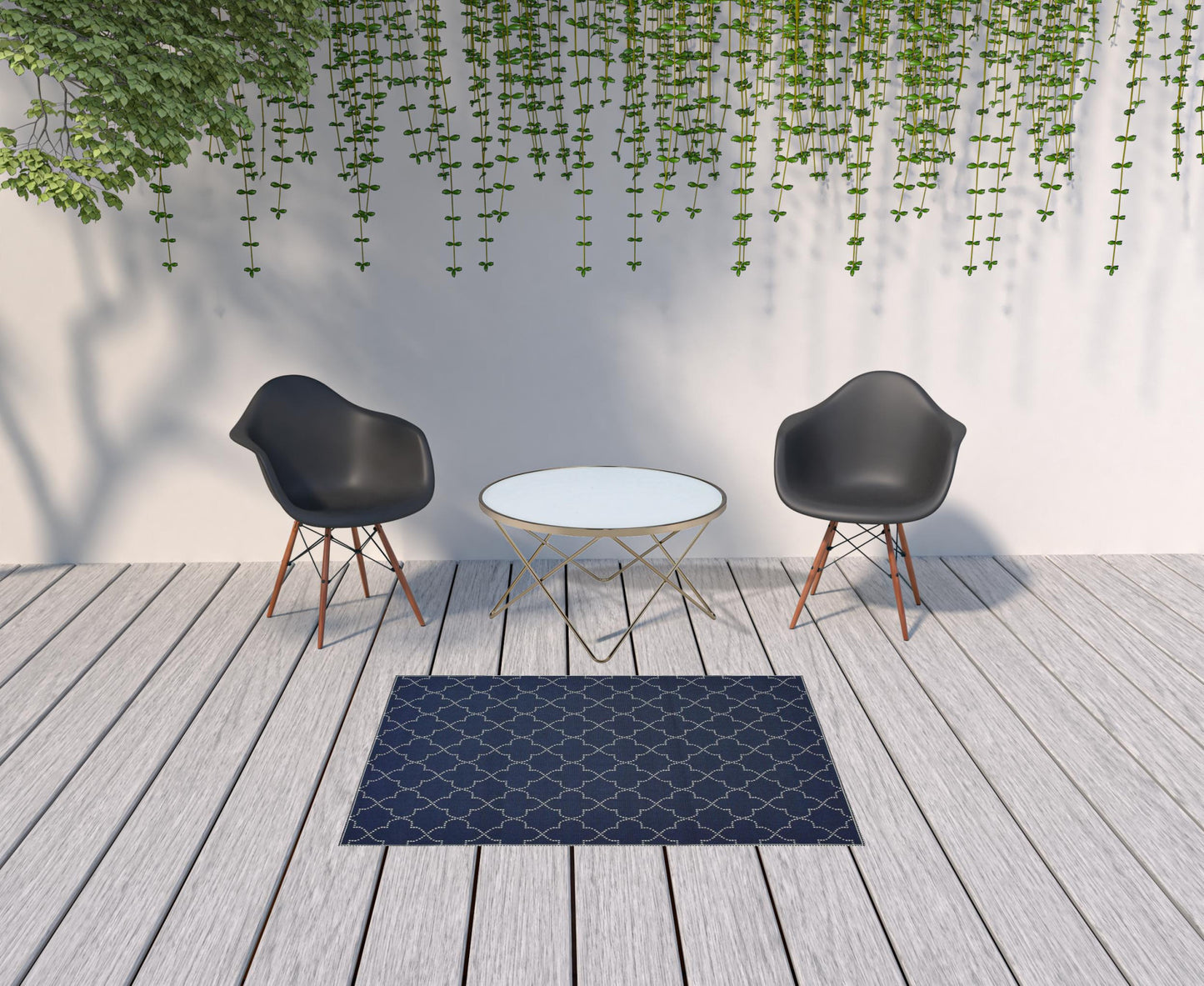 4' x 6' Blue and Ivory Geometric Stain Resistant Indoor Outdoor Area Rug