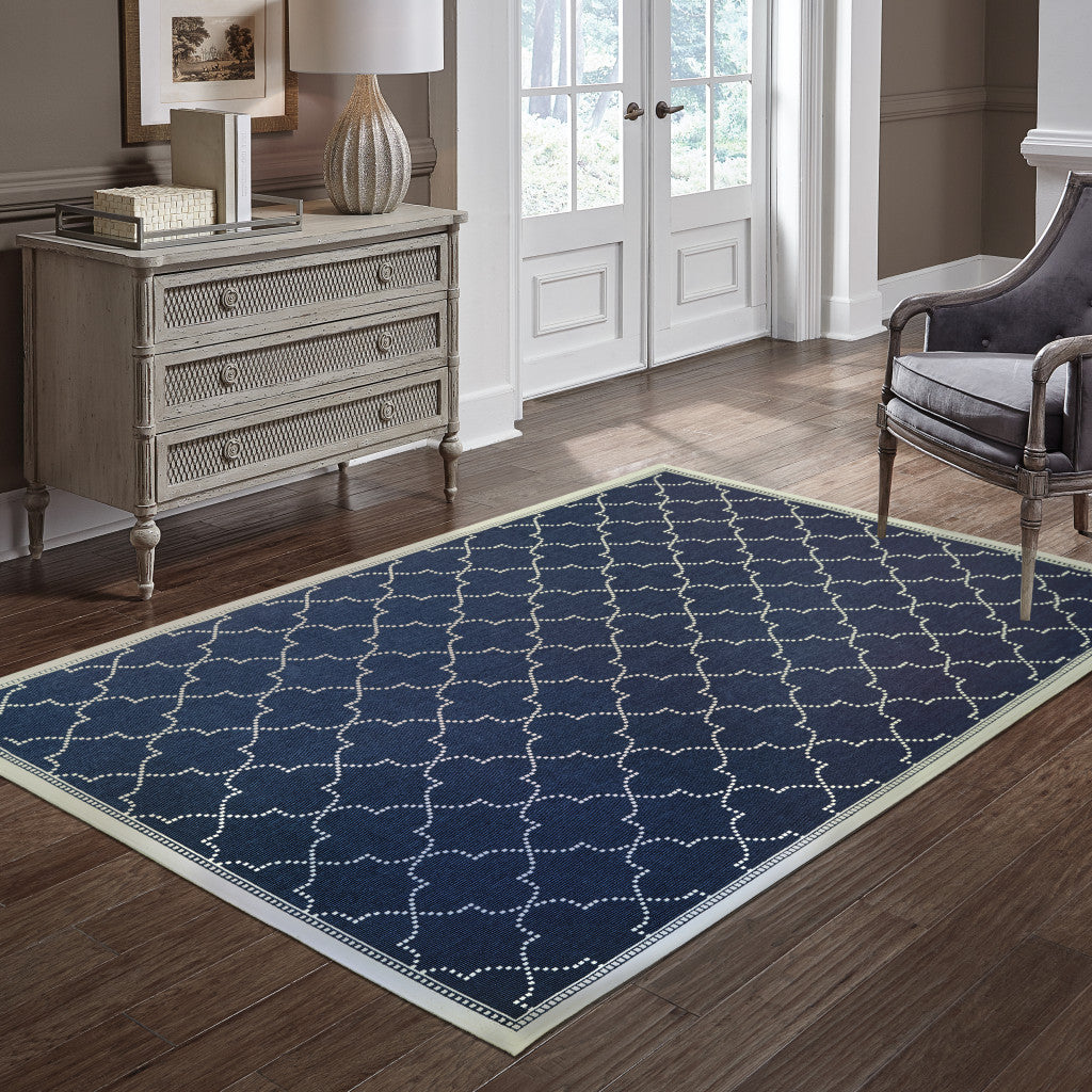 4' x 6' Blue and Ivory Geometric Stain Resistant Indoor Outdoor Area Rug