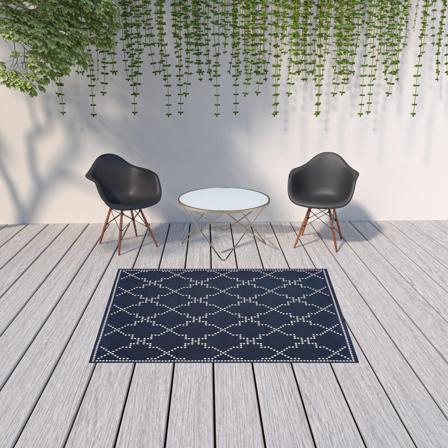 5' x 8' Blue and Ivory Geometric Stain Resistant Indoor Outdoor Area Rug