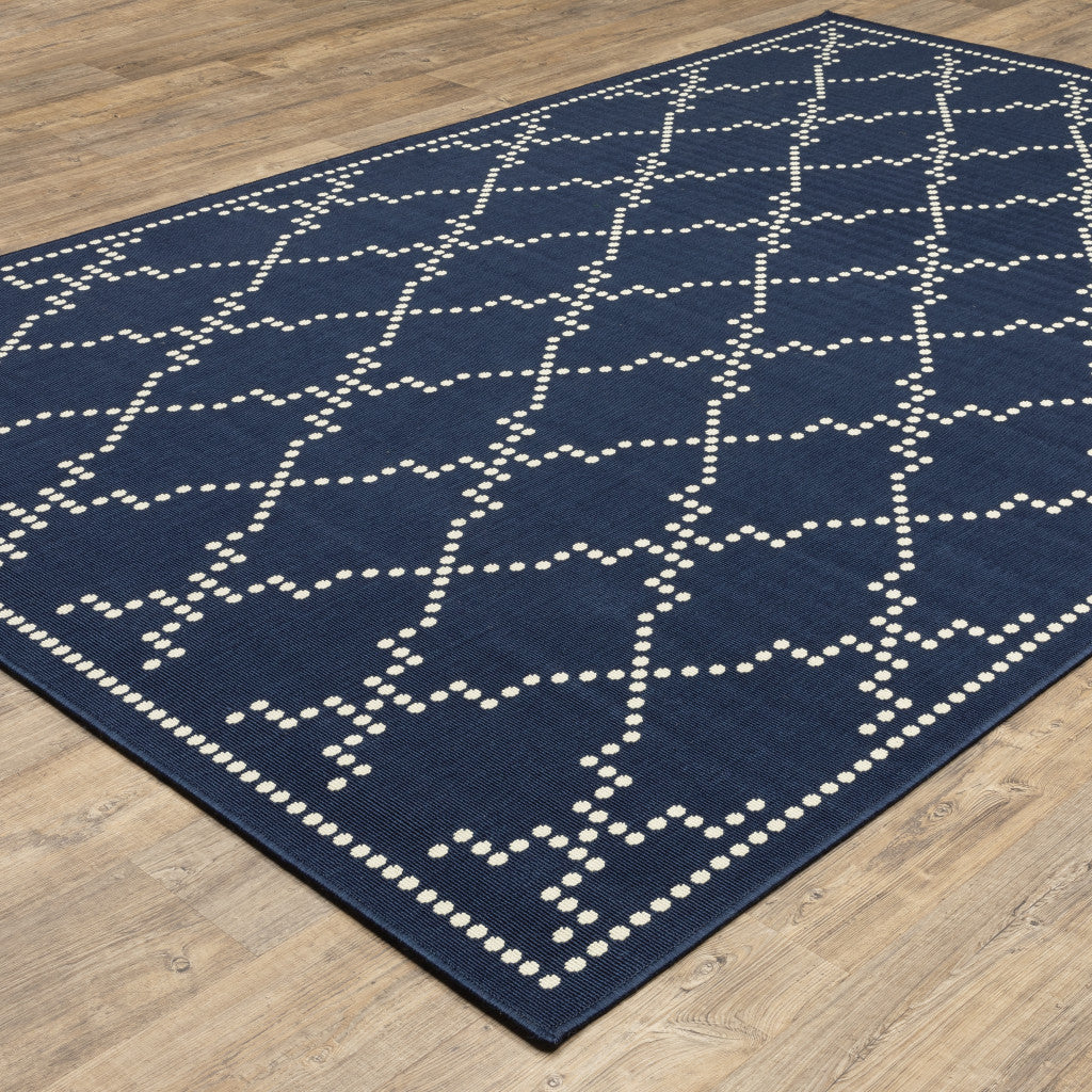 5' x 8' Blue and Ivory Geometric Stain Resistant Indoor Outdoor Area Rug