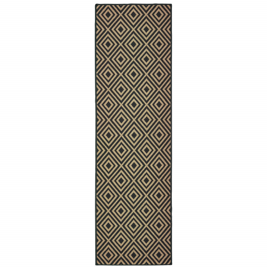 2' X 8' Black and Tan Geometric Stain Resistant Indoor Outdoor Area Rug