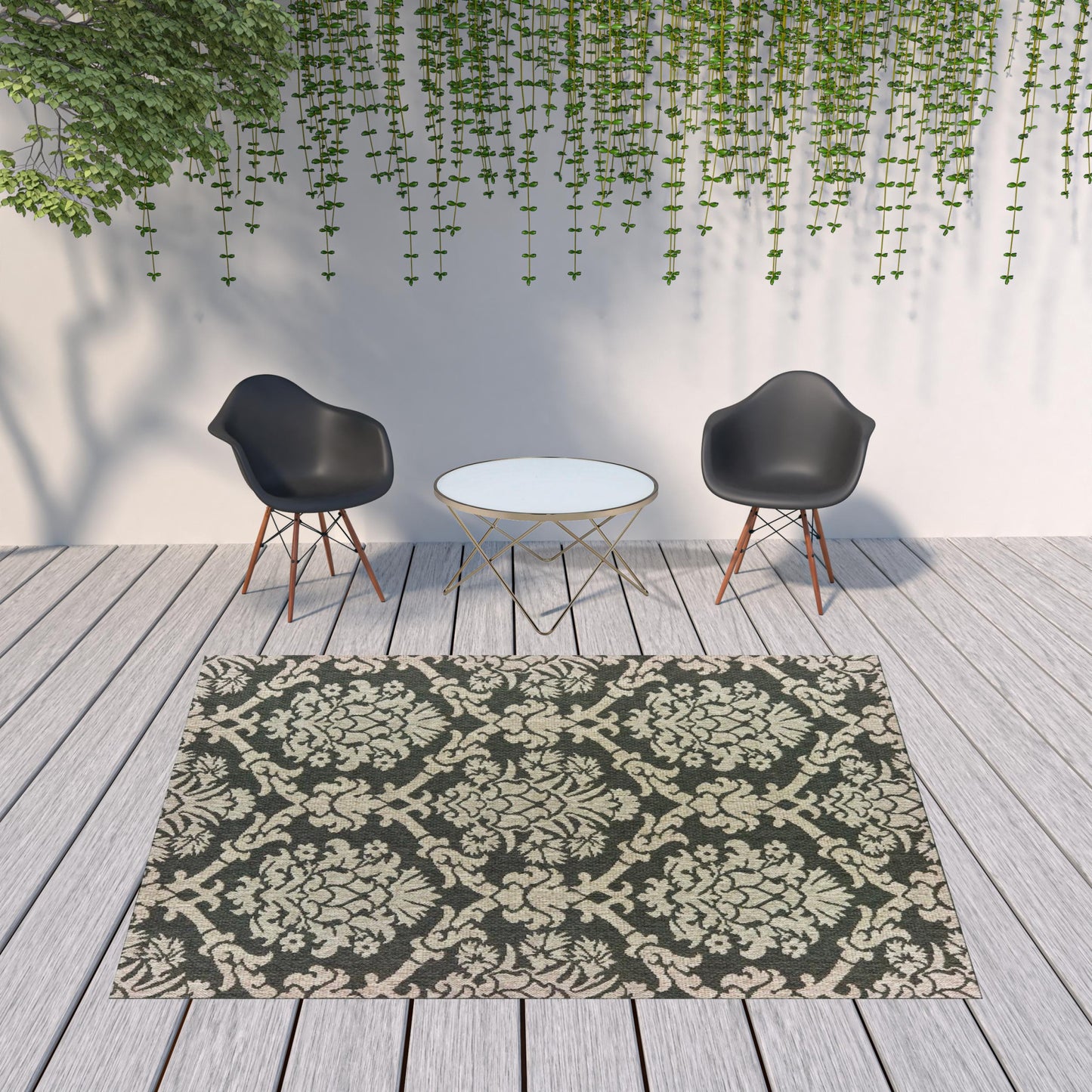 8' x 10' Gray Floral Stain Resistant Indoor Outdoor Area Rug