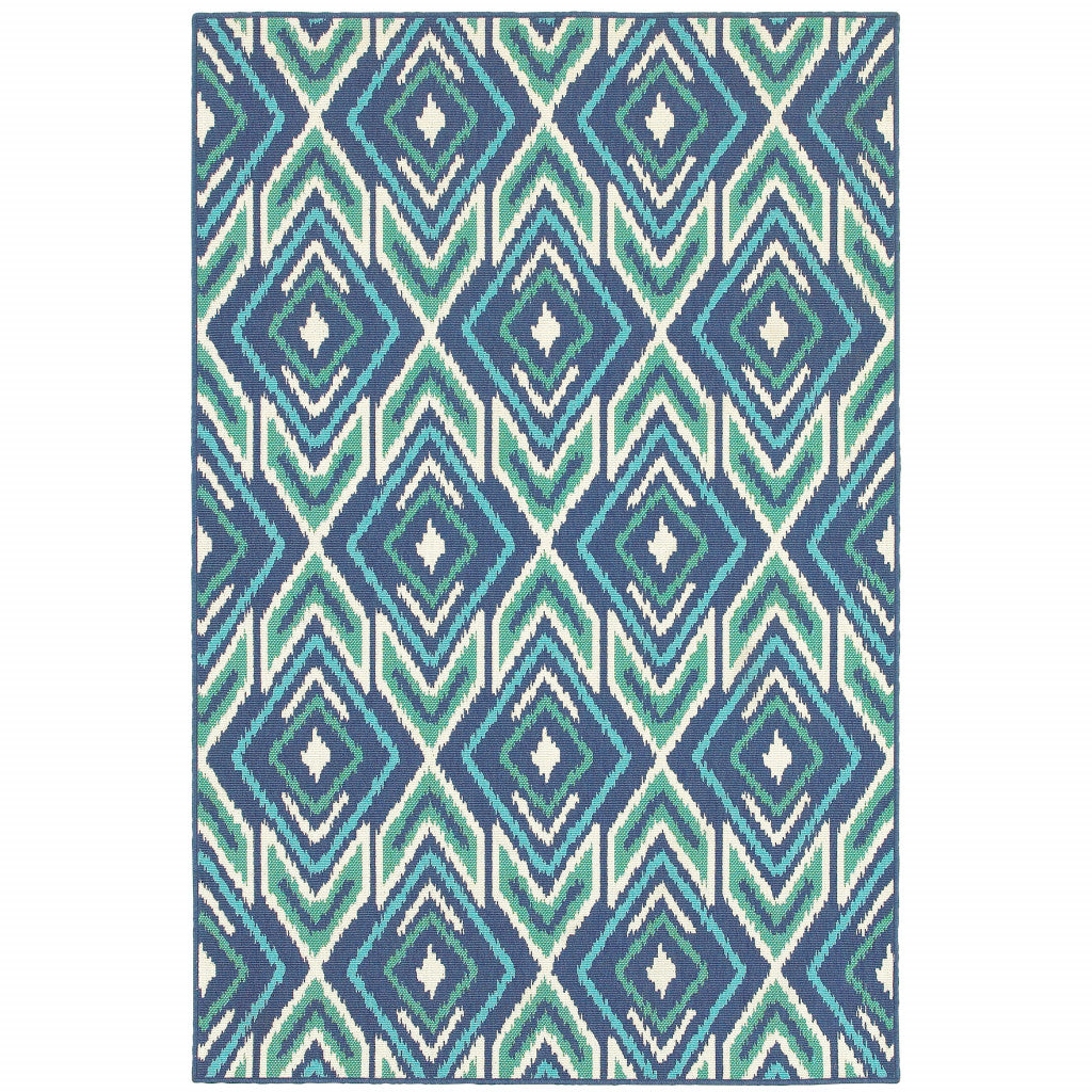 8' x 11' Blue and Ivory Geometric Stain Resistant Indoor Outdoor Area Rug