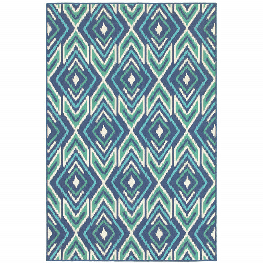 8' x 11' Blue and Ivory Geometric Stain Resistant Indoor Outdoor Area Rug