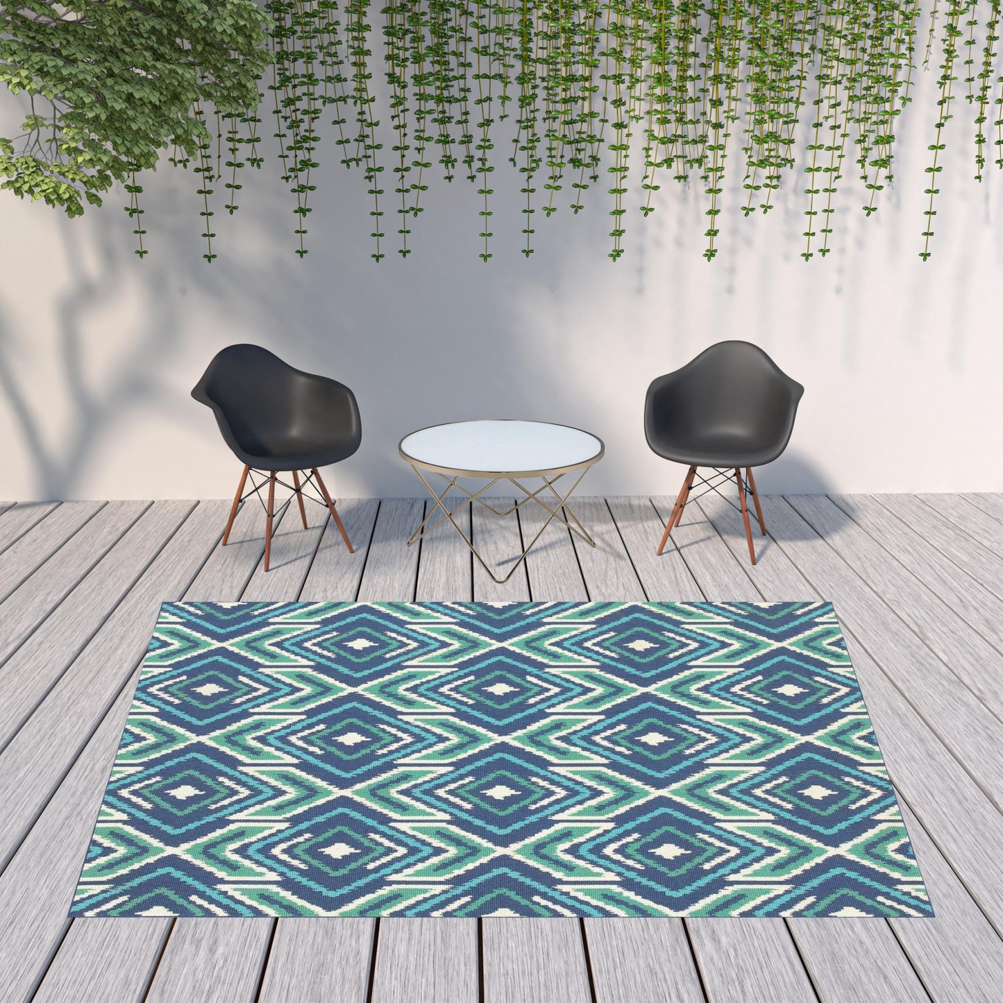 8' x 11' Blue and Ivory Geometric Stain Resistant Indoor Outdoor Area Rug