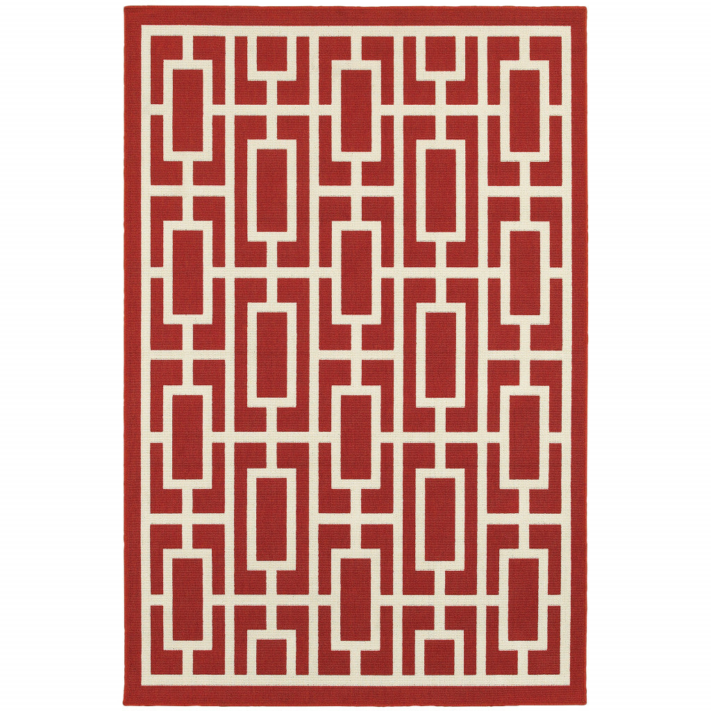 9' X 13' Red and Ivory Geometric Stain Resistant Indoor Outdoor Area Rug