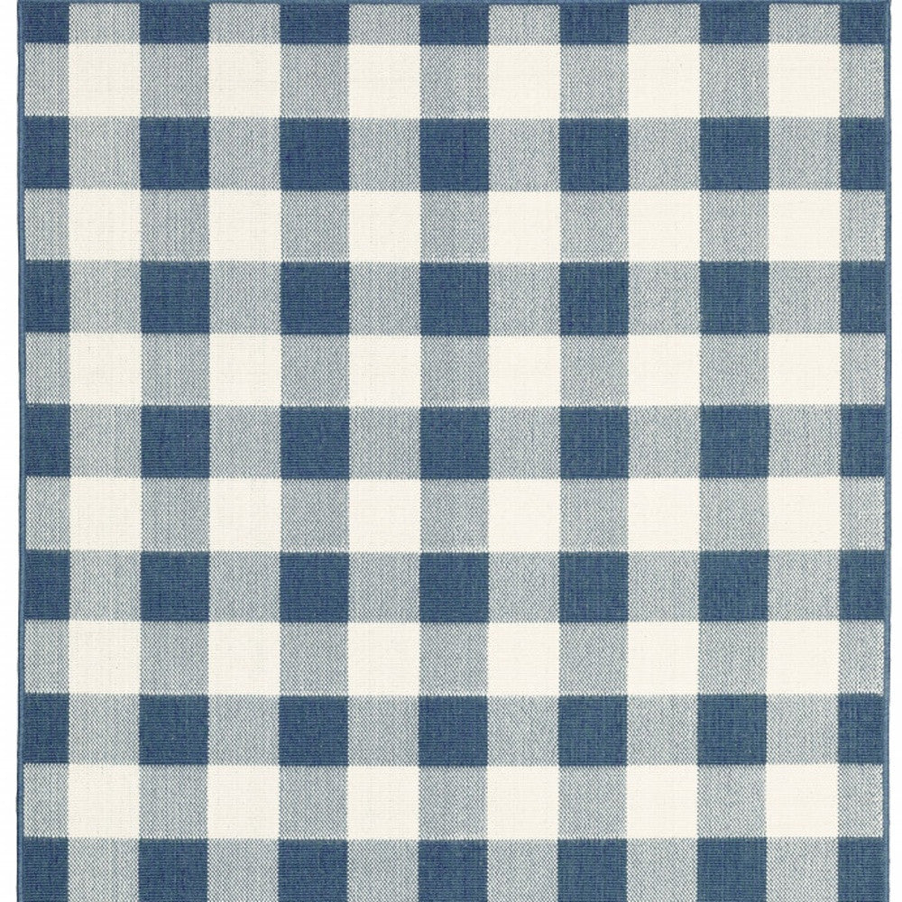 9' X 13' Blue and Ivory Geometric Stain Resistant Indoor Outdoor Area Rug