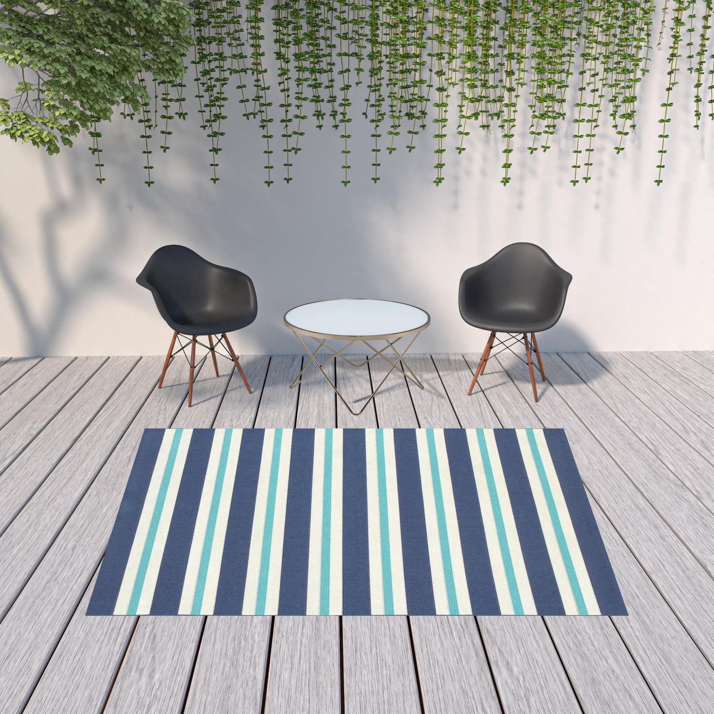 7' x 10' Blue and Ivory Geometric Stain Resistant Indoor Outdoor Area Rug