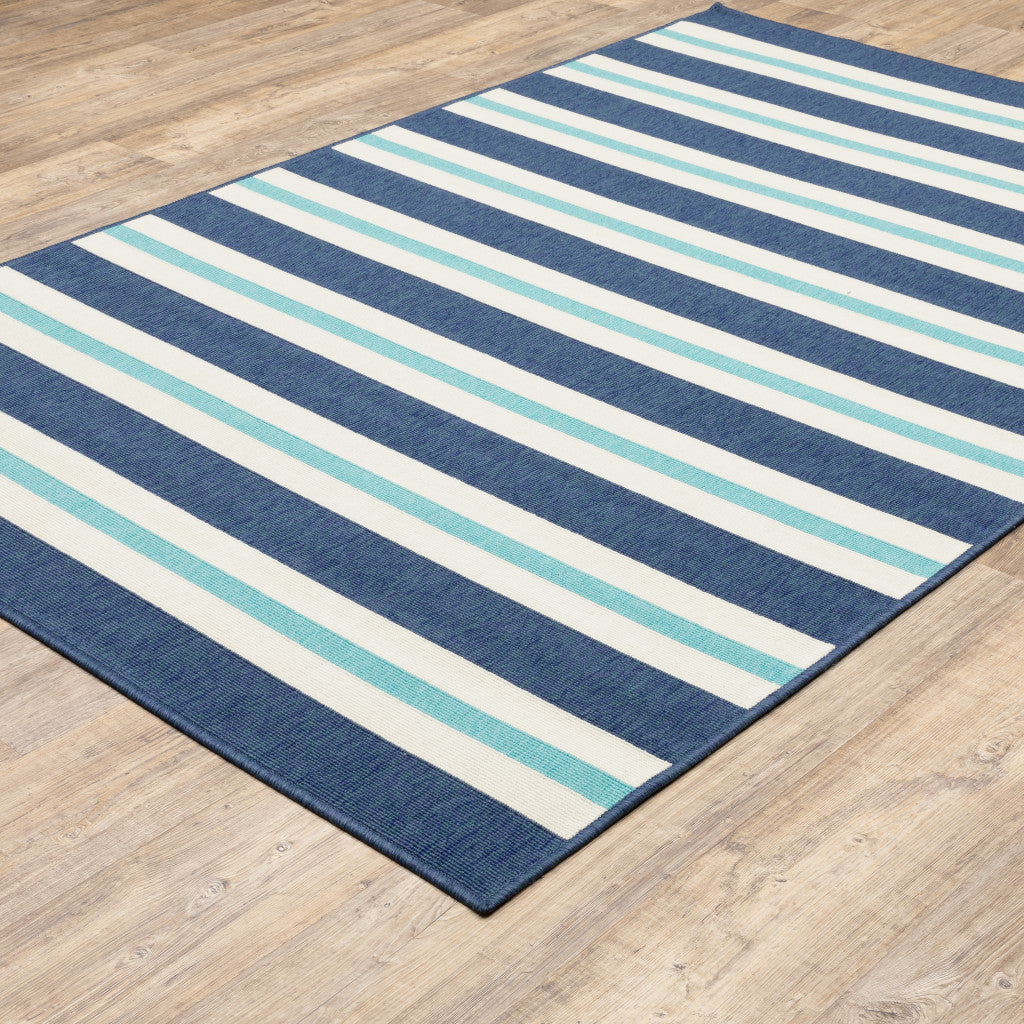 7' x 10' Blue and Ivory Geometric Stain Resistant Indoor Outdoor Area Rug