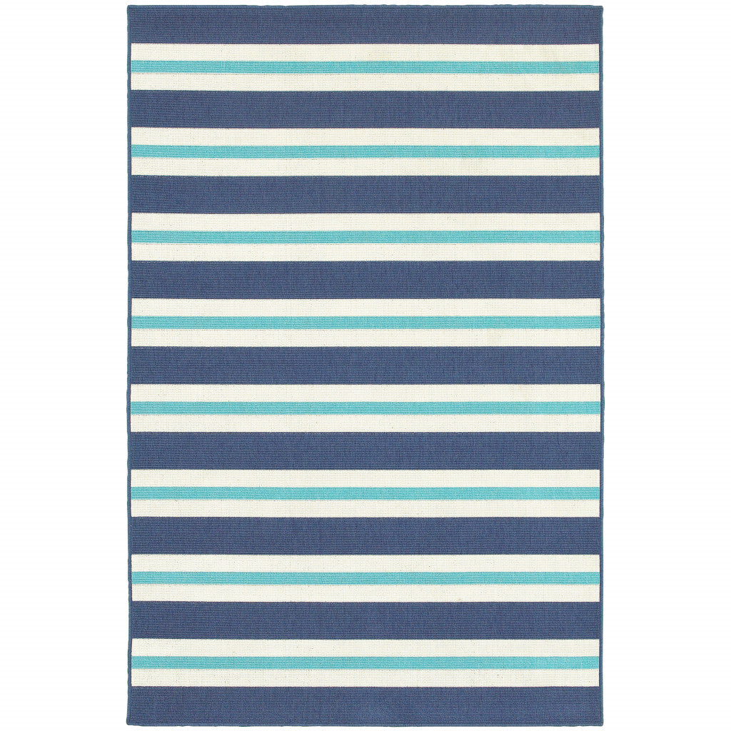 7' x 10' Blue and Ivory Geometric Stain Resistant Indoor Outdoor Area Rug