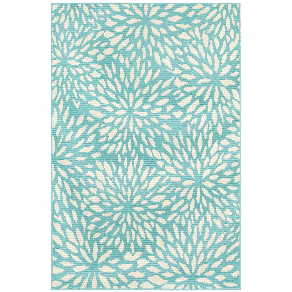 8' x 11' Blue and Ivory Floral Stain Resistant Indoor Outdoor Area Rug