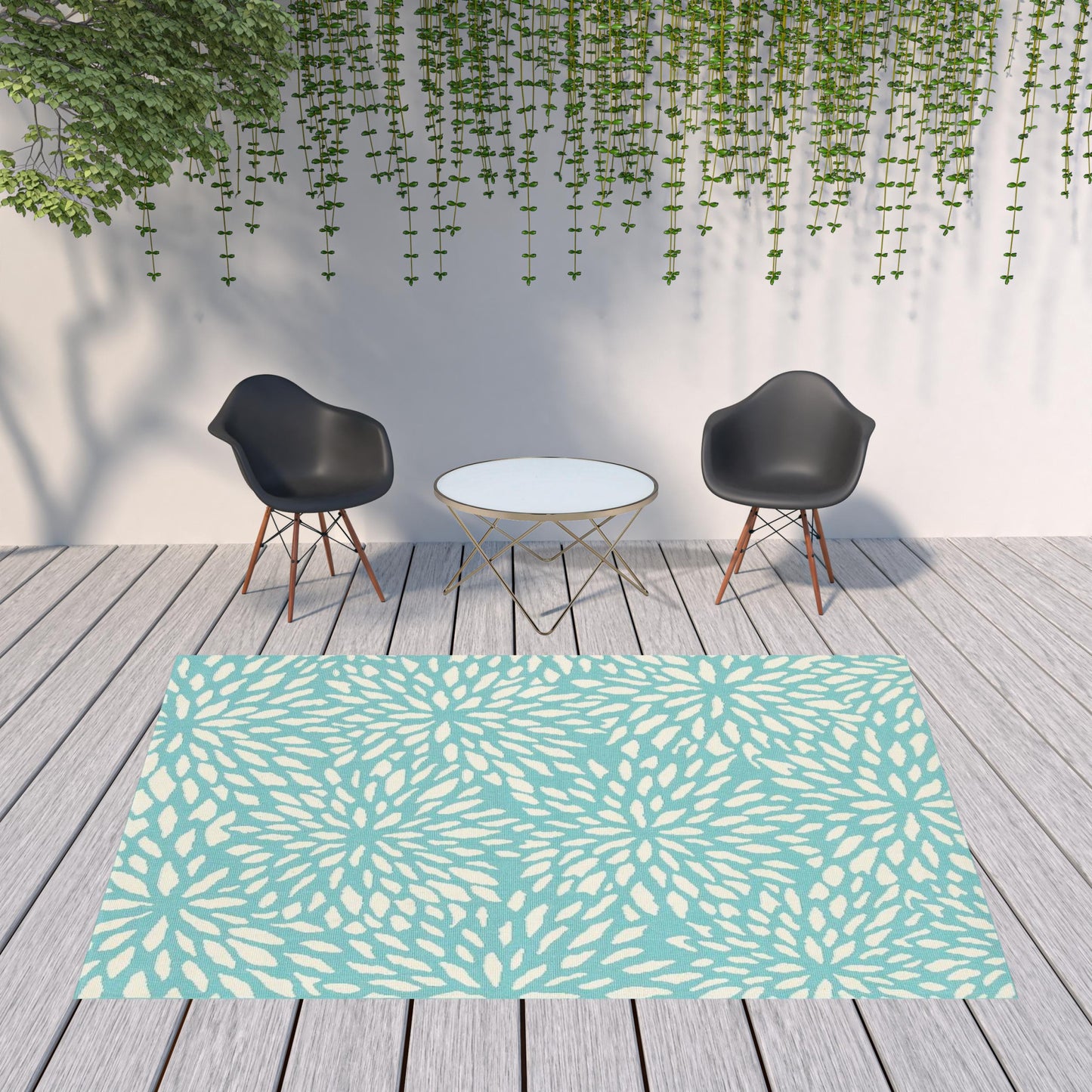 8' x 11' Blue and Ivory Floral Stain Resistant Indoor Outdoor Area Rug