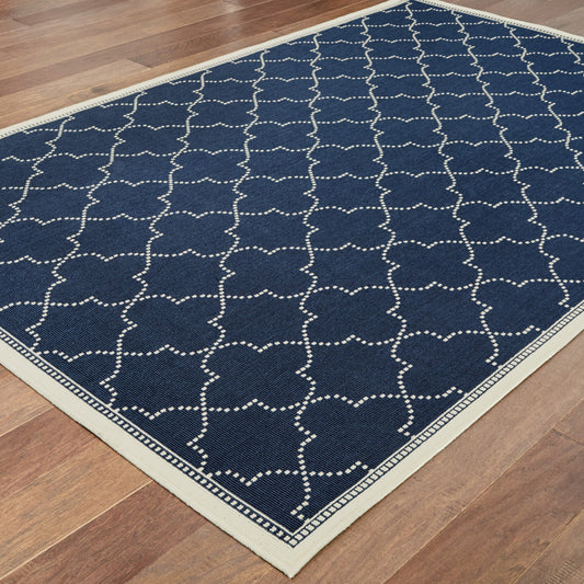 9' X 13' Blue and Ivory Geometric Stain Resistant Indoor Outdoor Area Rug