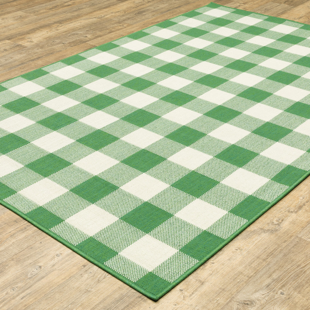 8' x 11' Green and Ivory Geometric Stain Resistant Indoor Outdoor Area Rug