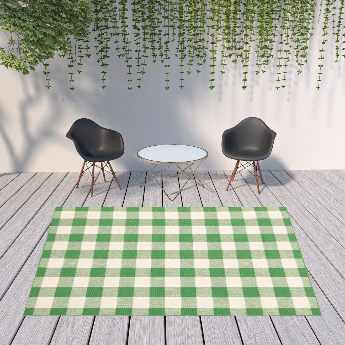 8' x 11' Green and Ivory Geometric Stain Resistant Indoor Outdoor Area Rug