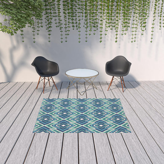 5' x 8' Blue and Ivory Geometric Stain Resistant Indoor Outdoor Area Rug