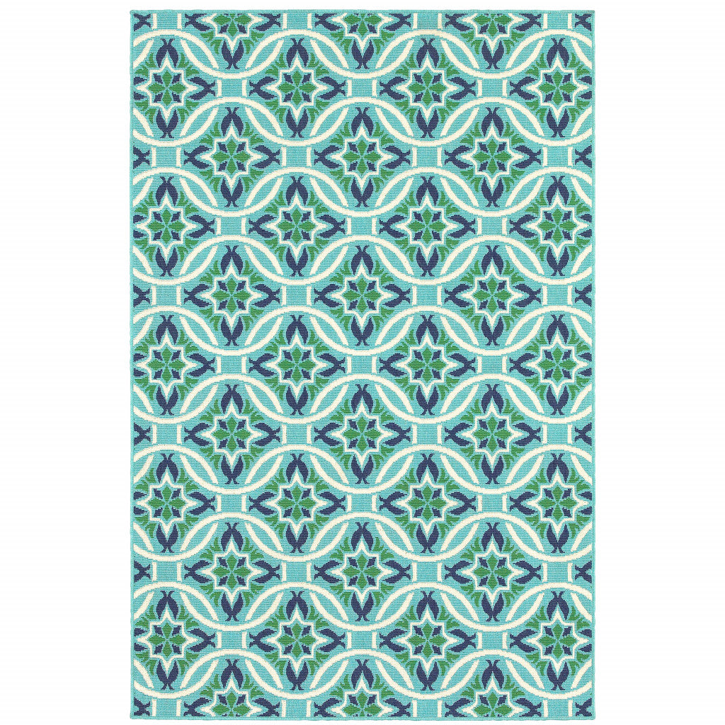 5' x 8' Blue and Green Geometric Stain Resistant Indoor Outdoor Area Rug