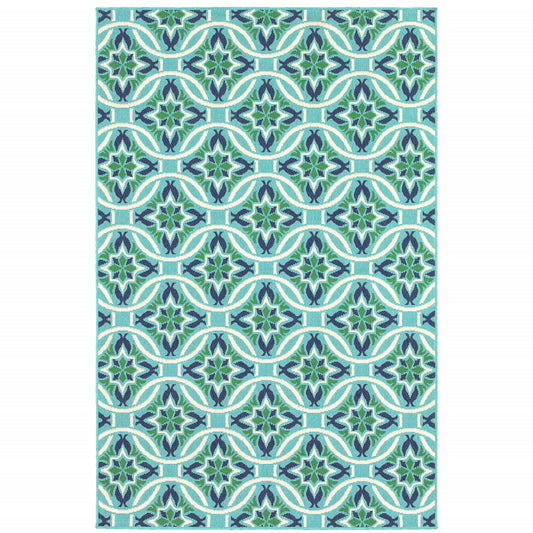 5' x 8' Blue and Green Geometric Stain Resistant Indoor Outdoor Area Rug