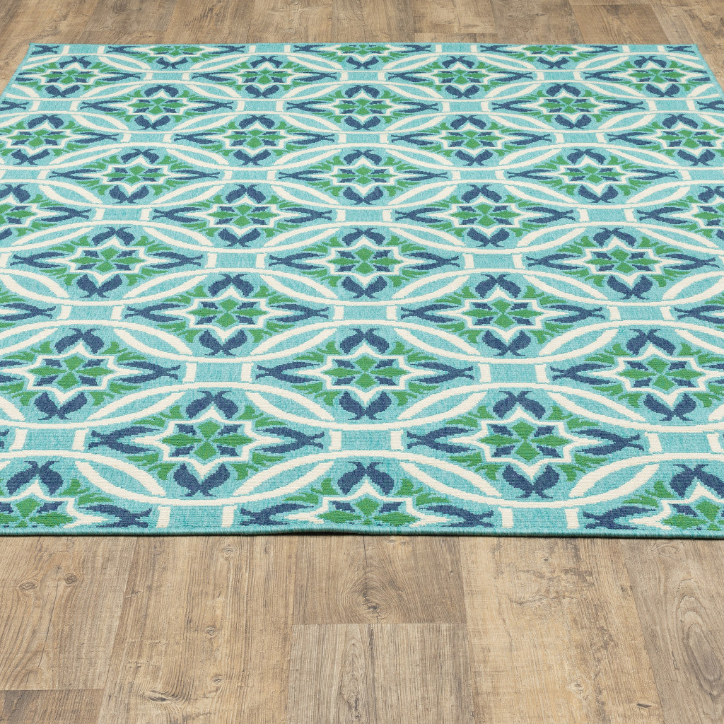 5' x 8' Blue and Green Geometric Stain Resistant Indoor Outdoor Area Rug