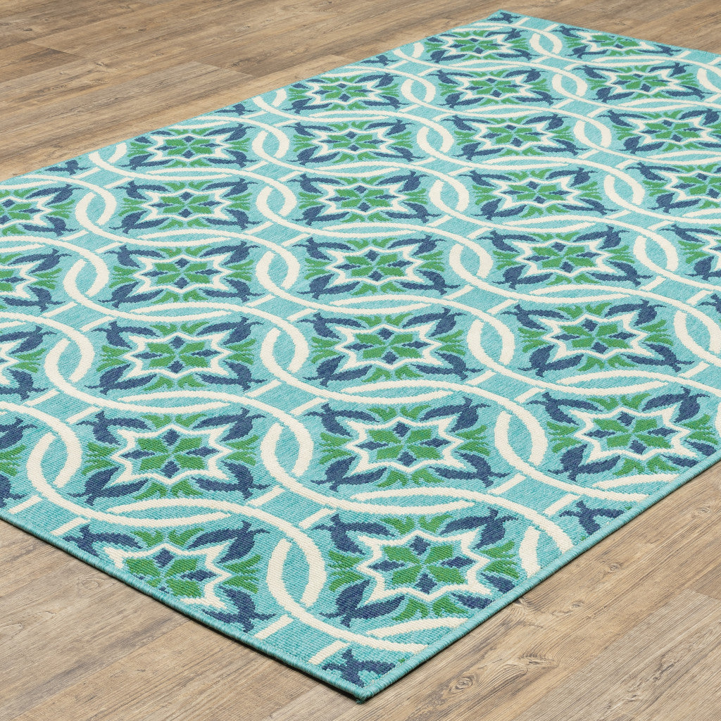 5' x 8' Blue and Green Geometric Stain Resistant Indoor Outdoor Area Rug