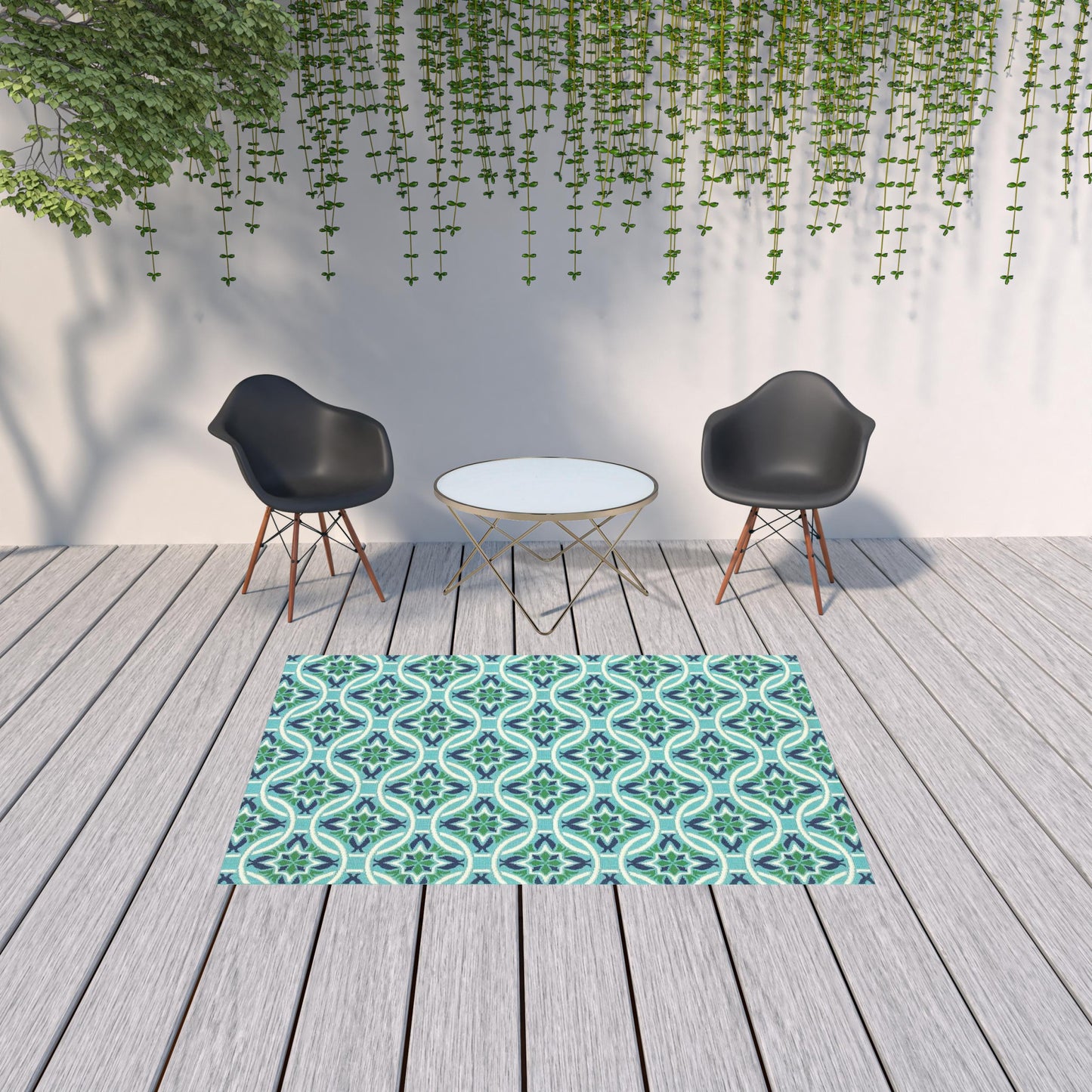 5' x 8' Blue and Green Geometric Stain Resistant Indoor Outdoor Area Rug