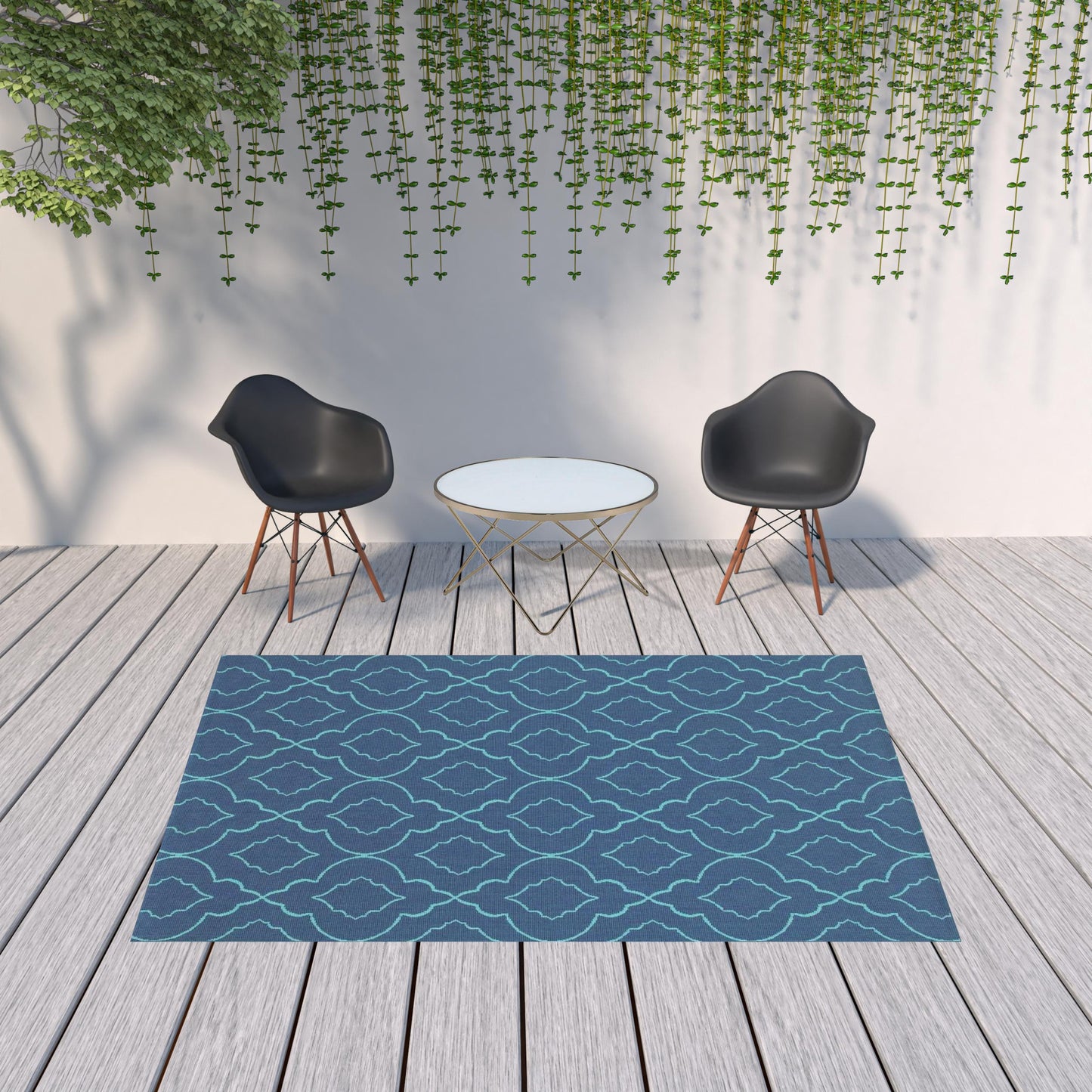 7' x 10' Blue Geometric Stain Resistant Indoor Outdoor Area Rug