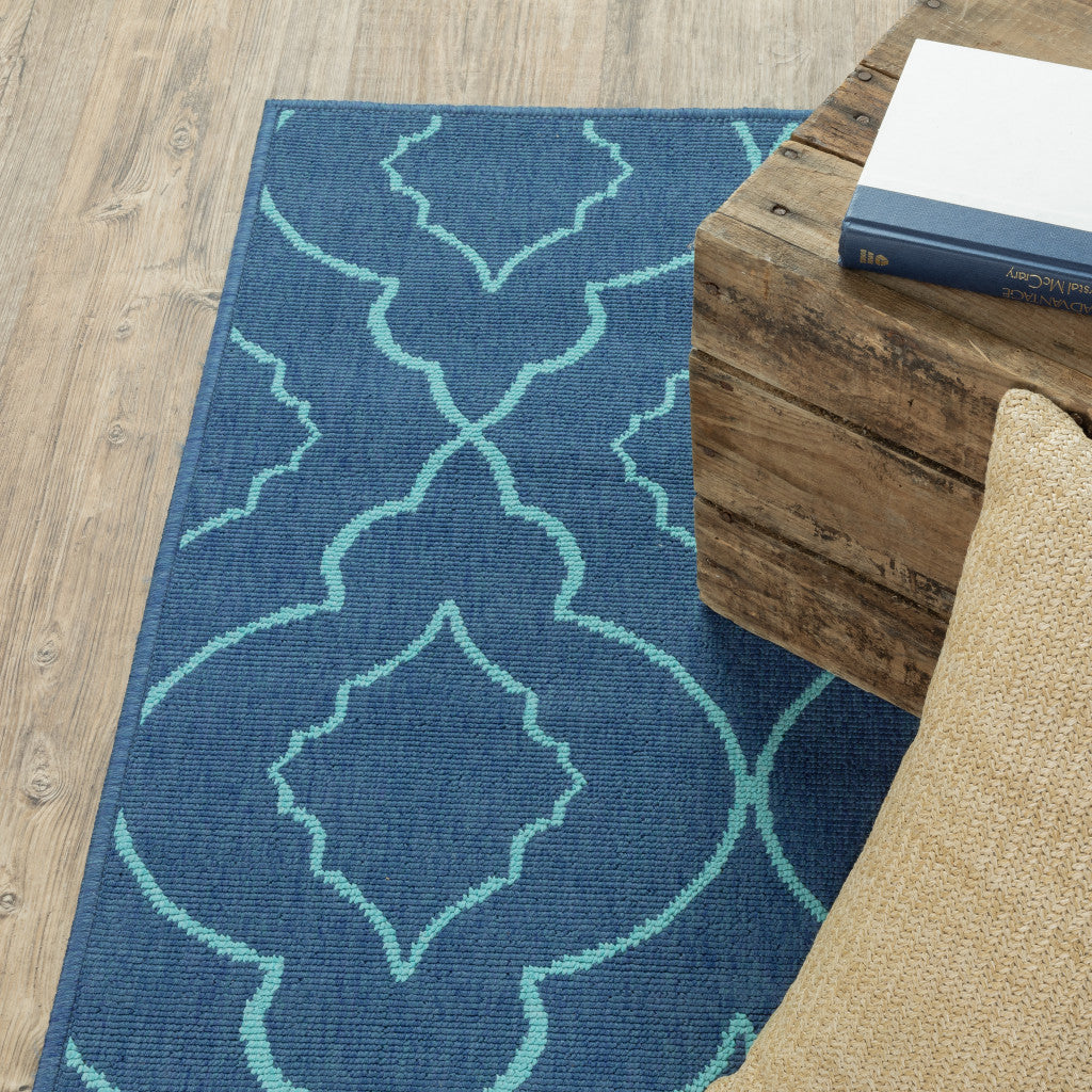 7' x 10' Blue Geometric Stain Resistant Indoor Outdoor Area Rug