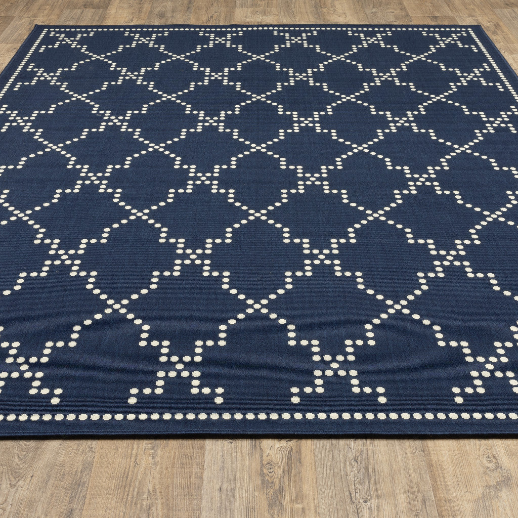 8' x 11' Blue and Ivory Geometric Stain Resistant Indoor Outdoor Area Rug