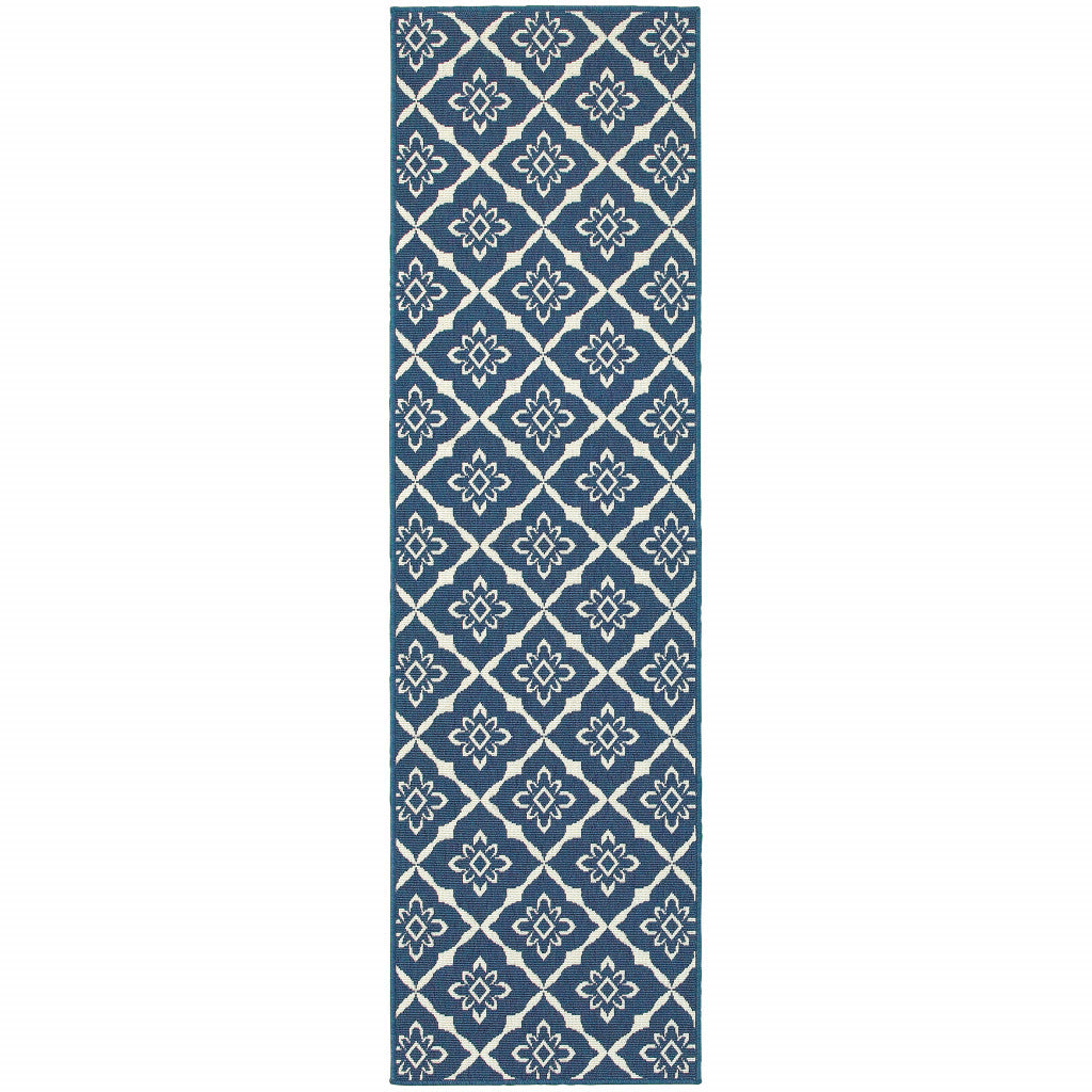 2' X 8' Blue and Ivory Floral Stain Resistant Indoor Outdoor Area Rug