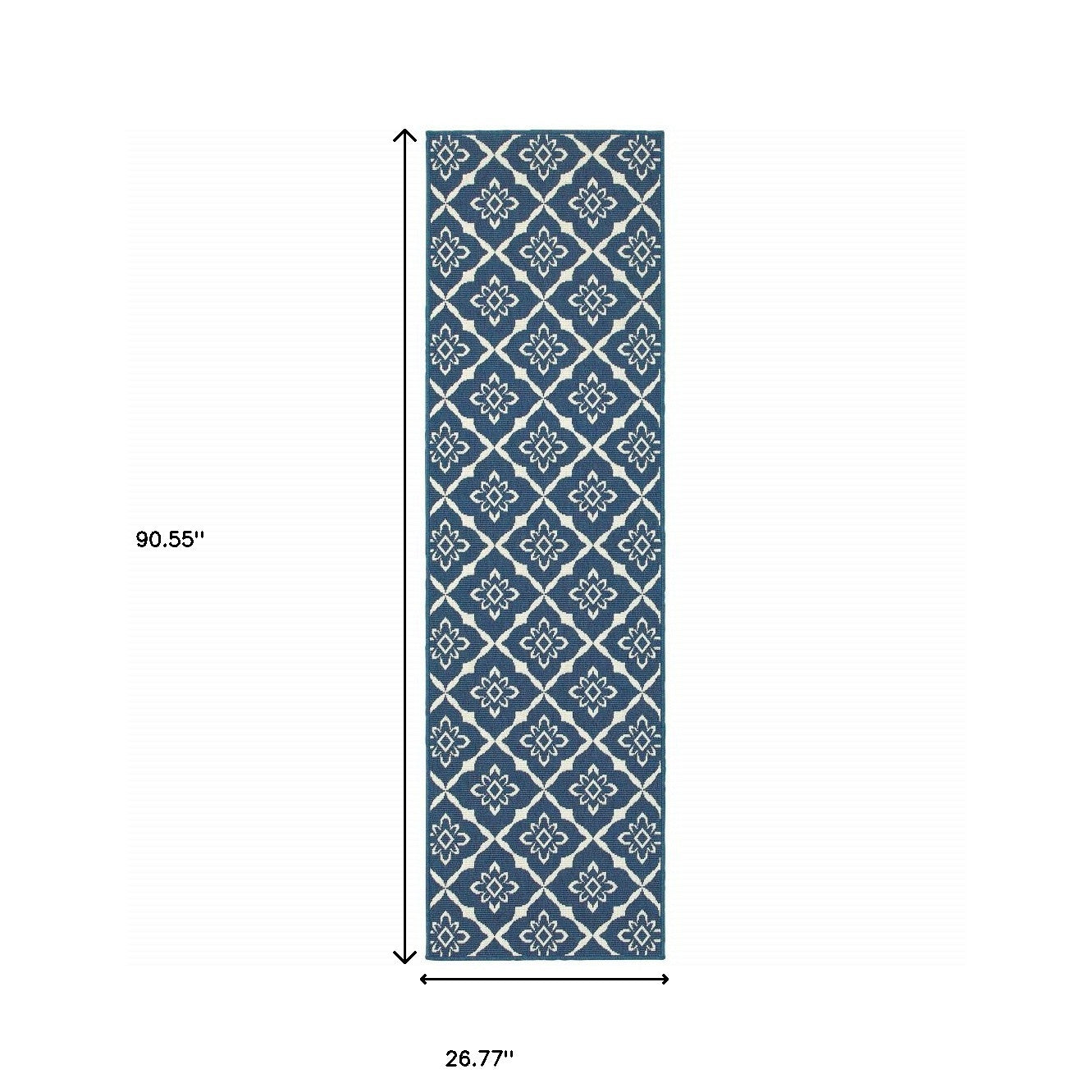 2' X 8' Blue and Ivory Floral Stain Resistant Indoor Outdoor Area Rug