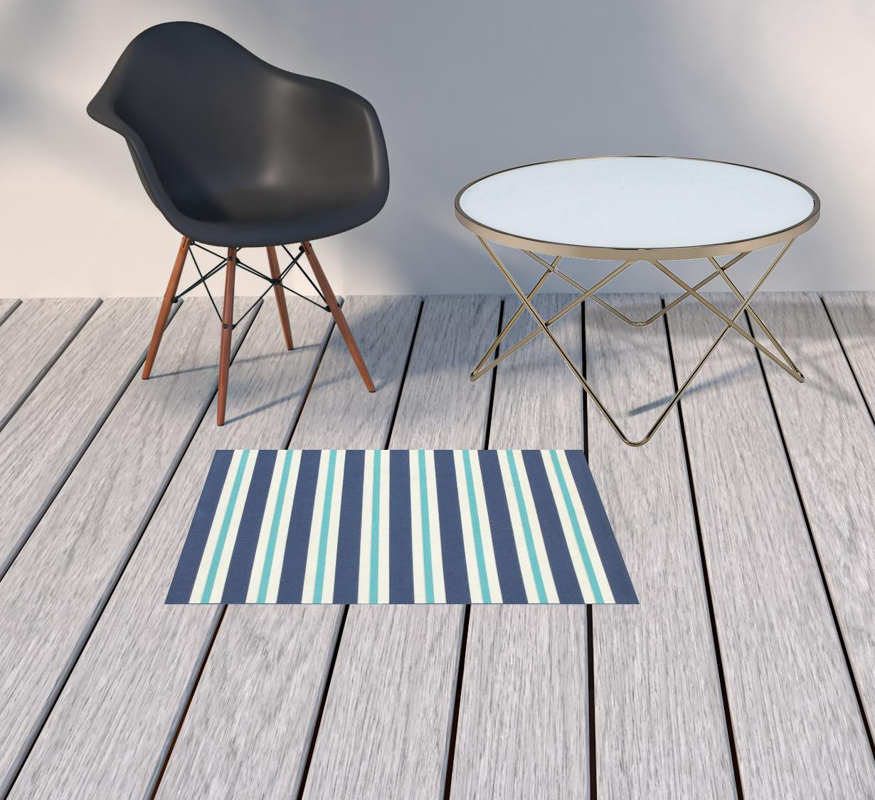 2' x 3' Blue and Ivory Geometric Stain Resistant Indoor Outdoor Area Rug