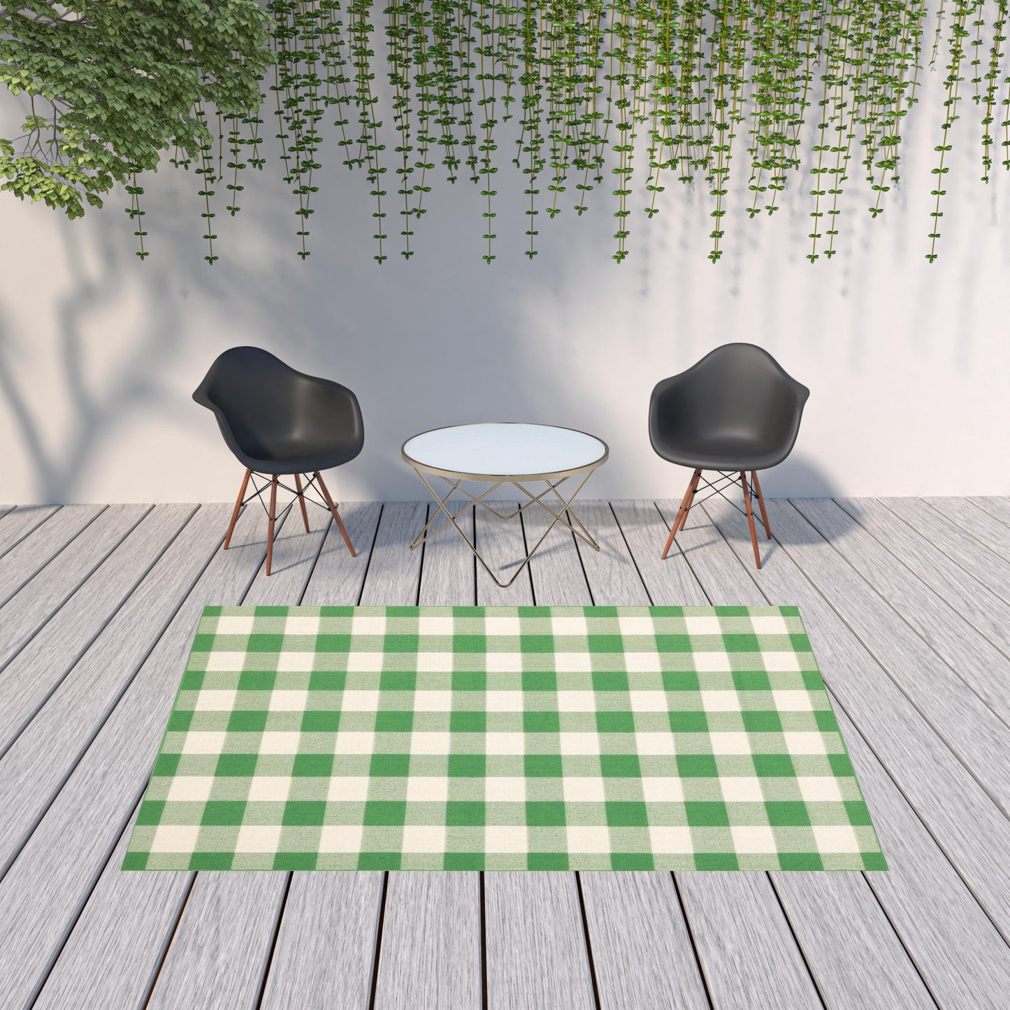 7' x 10' Green and Ivory Geometric Stain Resistant Indoor Outdoor Area Rug