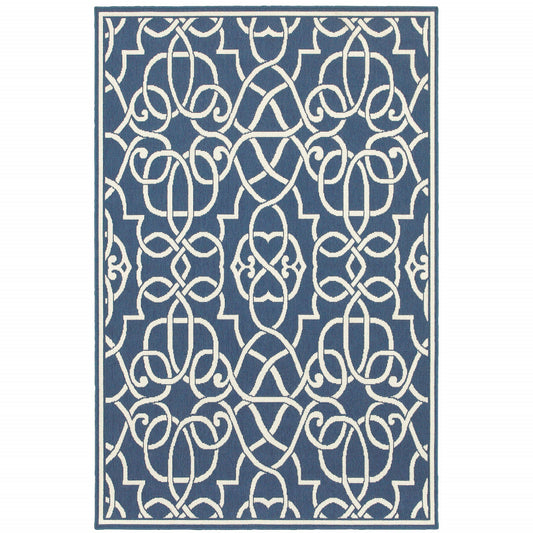 4' x 6' Blue and Ivory Geometric Stain Resistant Indoor Outdoor Area Rug