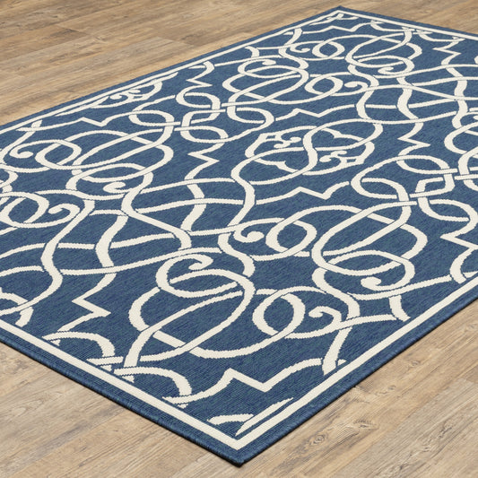 4' x 6' Blue and Ivory Geometric Stain Resistant Indoor Outdoor Area Rug