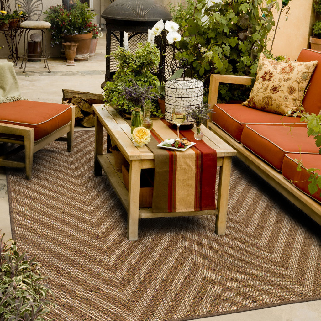 5' x 8' Tan Geometric Stain Resistant Indoor Outdoor Area Rug