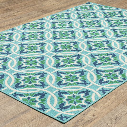 4' x 6' Blue and Green Geometric Stain Resistant Indoor Outdoor Area Rug