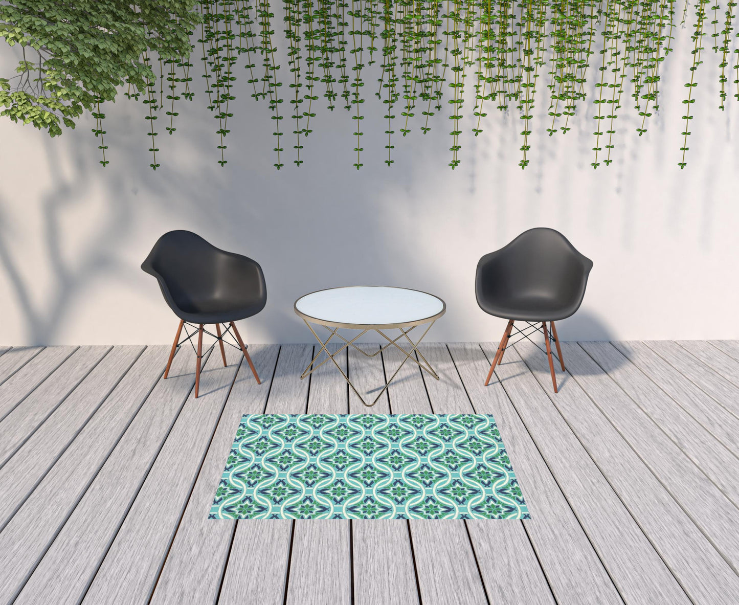 4' x 6' Blue and Green Geometric Stain Resistant Indoor Outdoor Area Rug