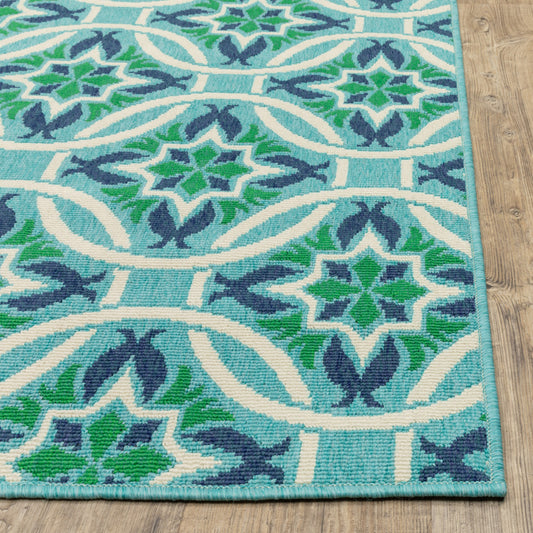 2' X 8' Blue and Green Geometric Stain Resistant Indoor Outdoor Area Rug