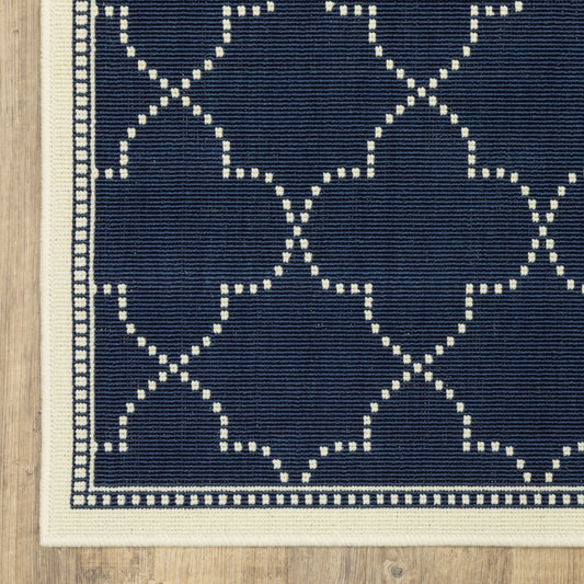 2' X 8' Blue and Ivory Geometric Stain Resistant Indoor Outdoor Area Rug