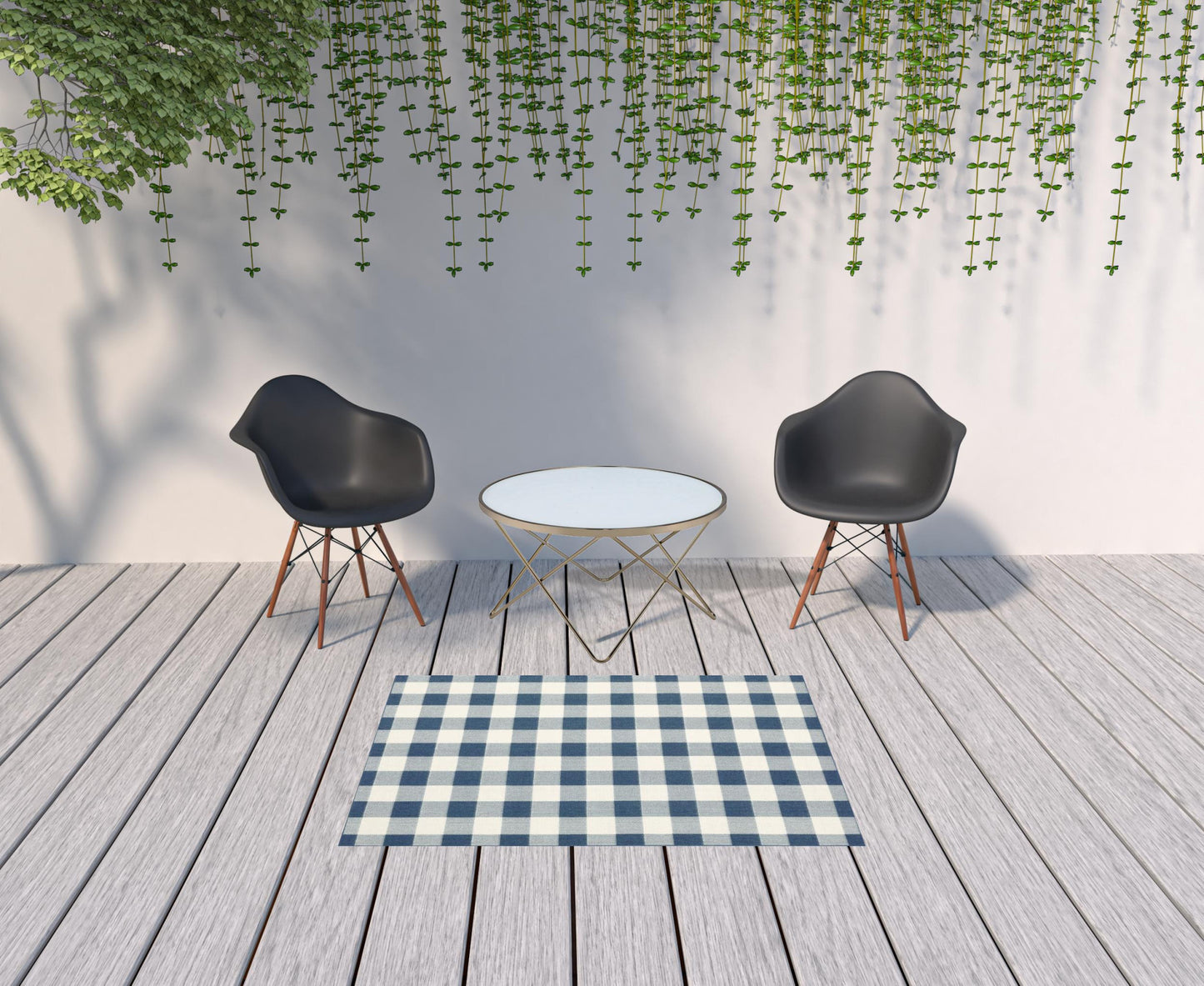 4' x 6' Blue and Ivory Geometric Stain Resistant Indoor Outdoor Area Rug