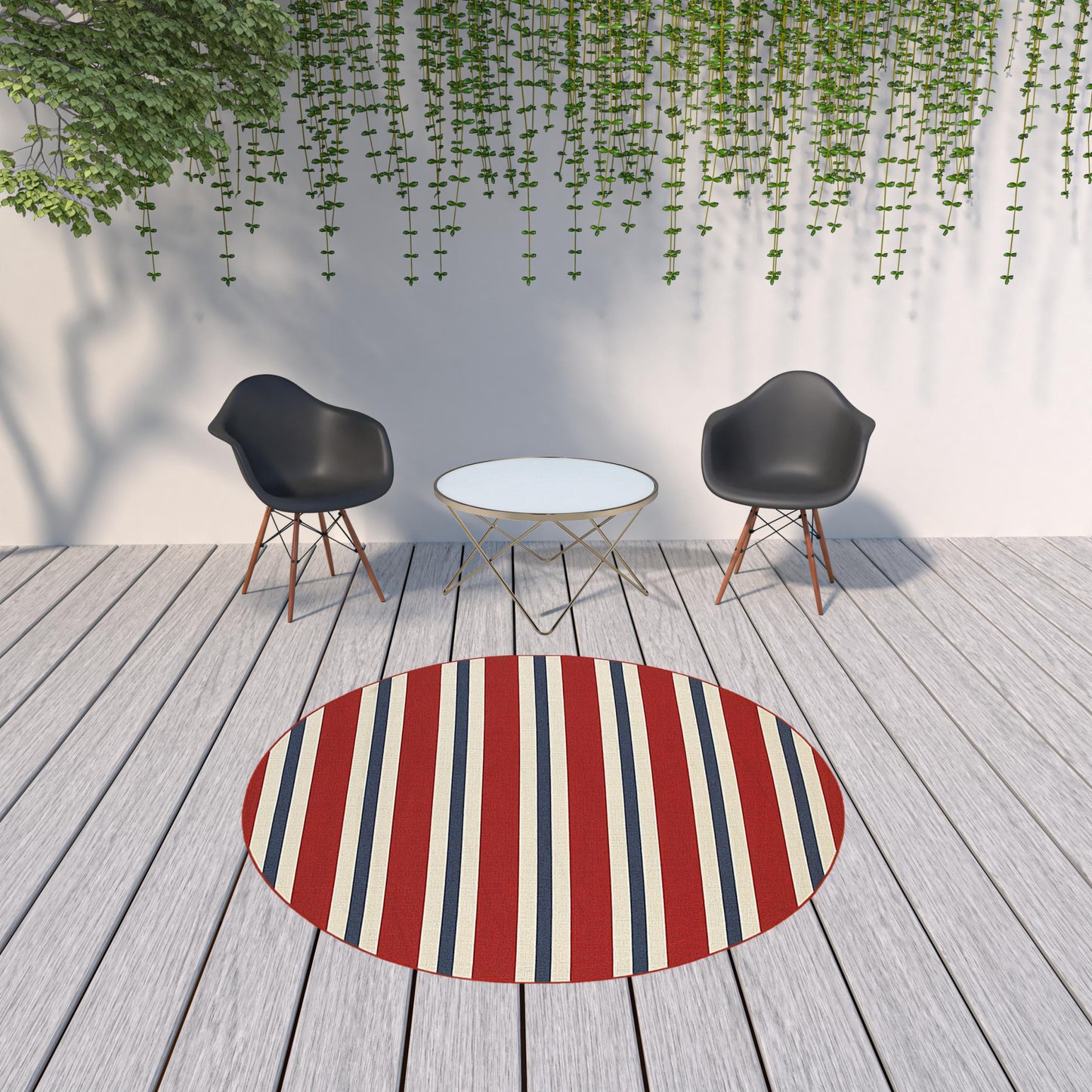 8' x 8' Red and Ivory Round Geometric Stain Resistant Indoor Outdoor Area Rug