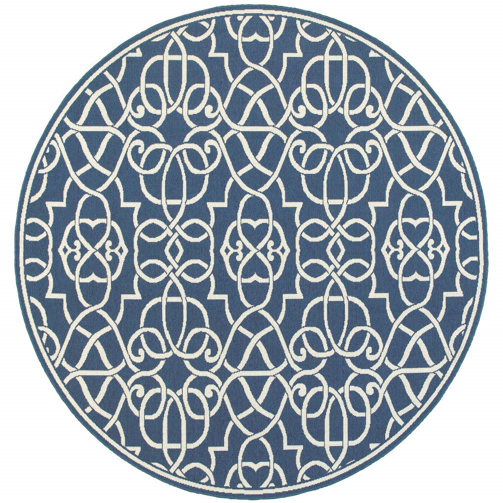 8' x 8' Blue and Ivory Round Geometric Stain Resistant Indoor Outdoor Area Rug