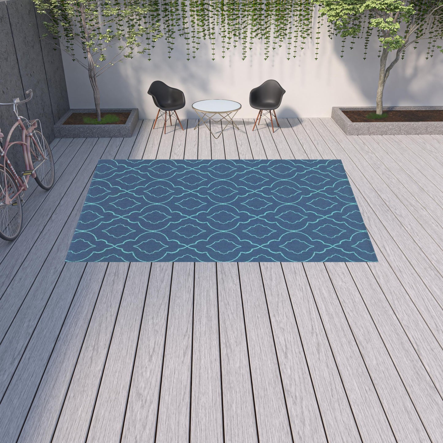 9' X 13' Blue Geometric Stain Resistant Indoor Outdoor Area Rug