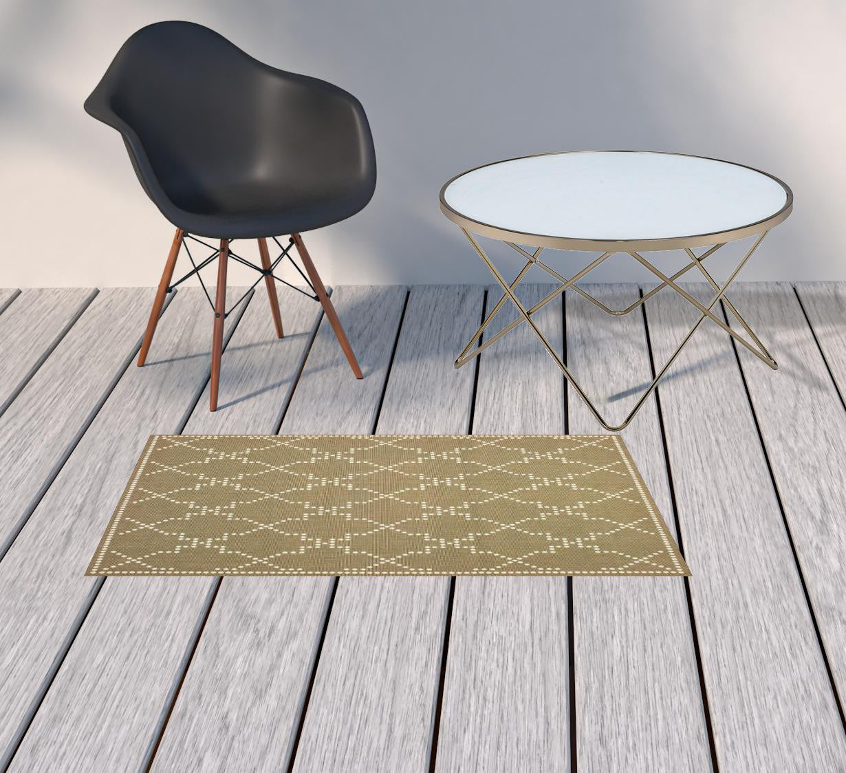 2' X 4' Tan Geometric Stain Resistant Indoor Outdoor Area Rug