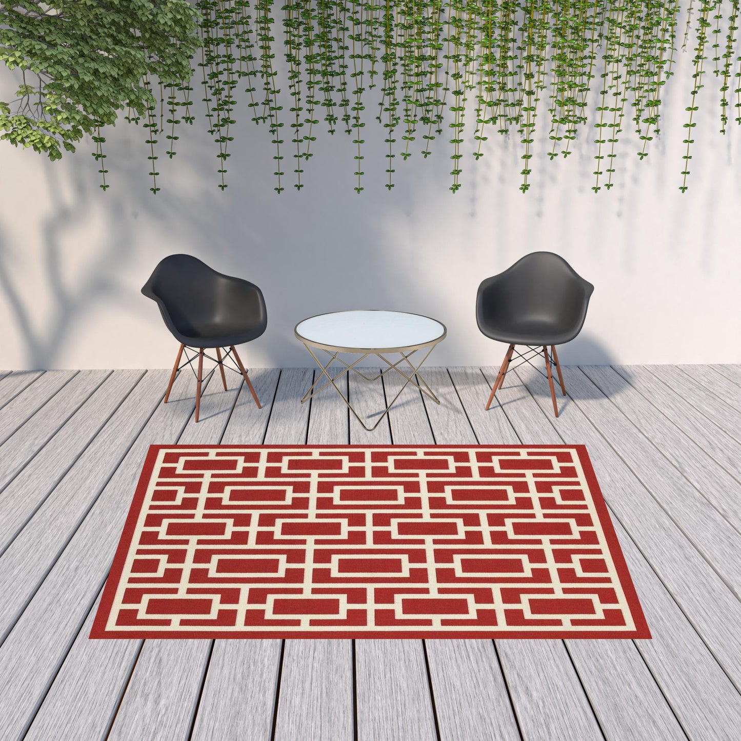 7' x 10' Red and Ivory Geometric Stain Resistant Indoor Outdoor Area Rug