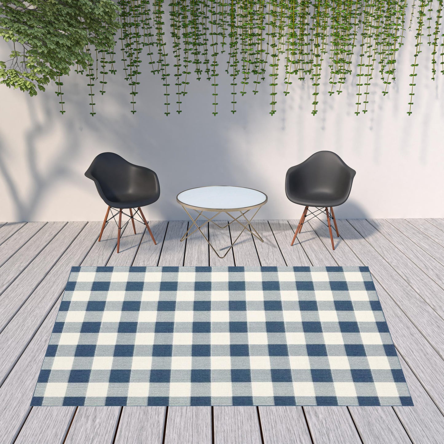 8' x 11' Blue and Ivory Geometric Stain Resistant Indoor Outdoor Area Rug